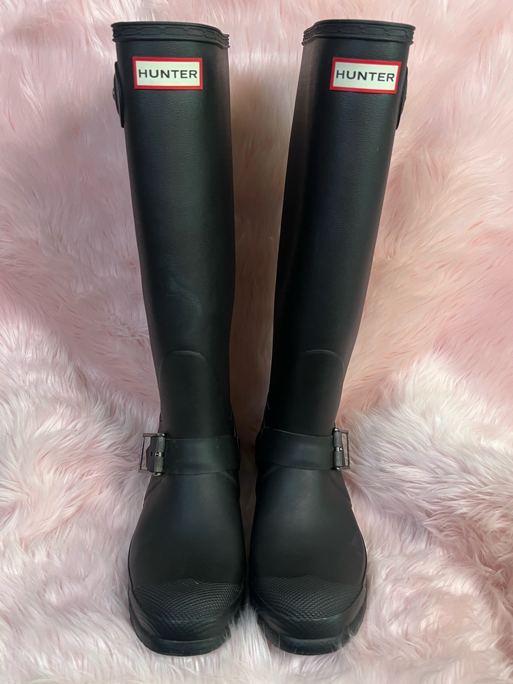 Hunter Black Tall Waterproof Rain Boots with Side Buckle